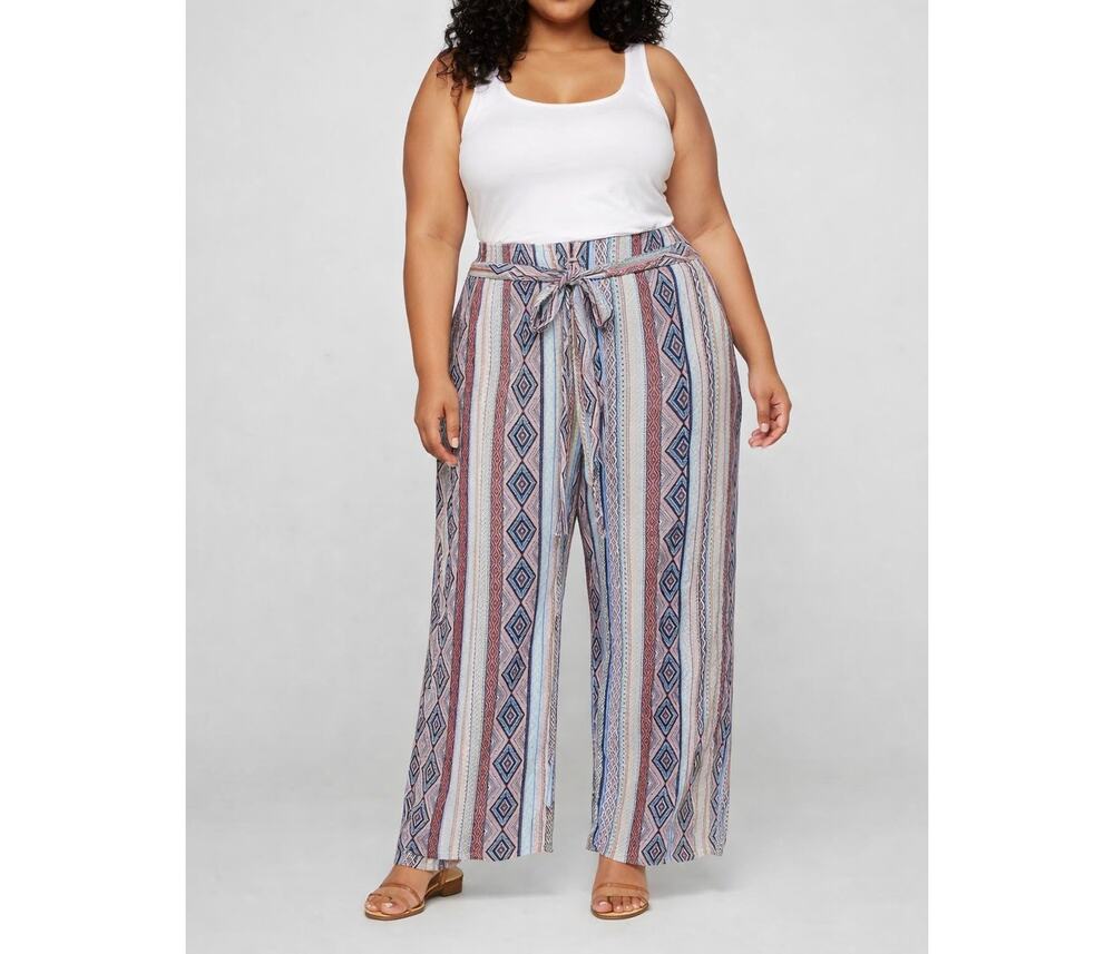 Jazzie London Women's Plus 1X Pants Stretch Cotton Elastic Waist Striped Belted